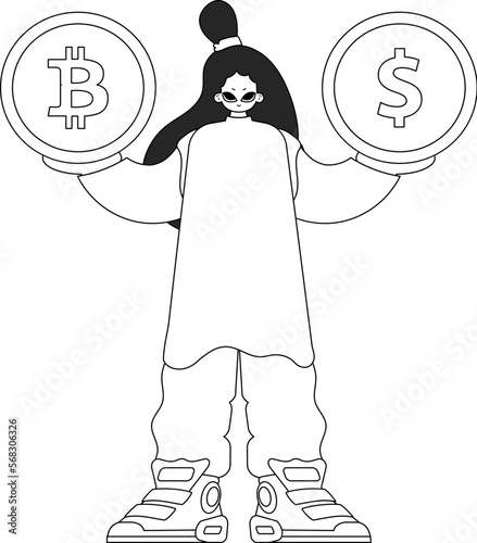 Creative woman holding bitcoin and dollar coin. Linear black and white style.