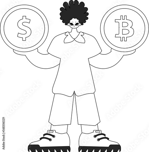 A stunning man is holding a bitcoin and dollar coin. Linear black and white style.