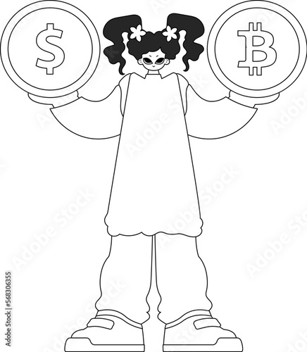 Creative woman holding bitcoin and dollar coin. Newspaper black and white style.