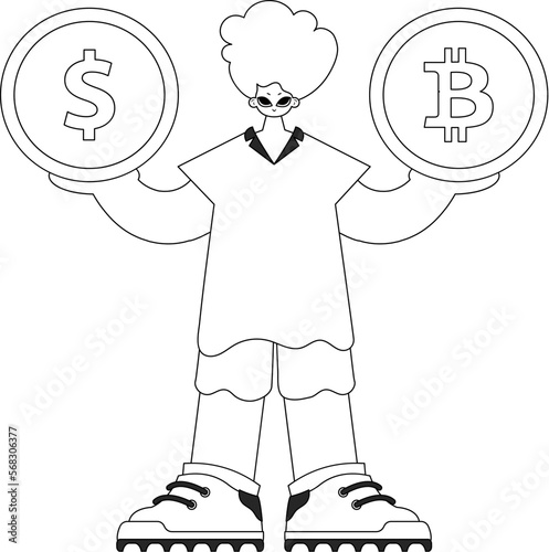A stunning man is holding a bitcoin and dollar coin. Newspaper black and white style.