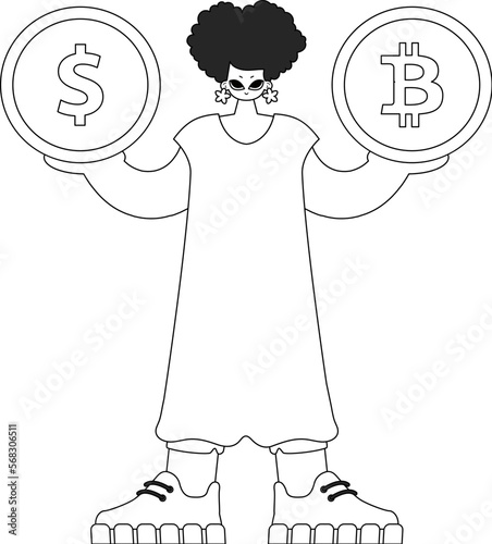 Charming woman holding bitcoin and dollar coin. Newspaper black and white style.