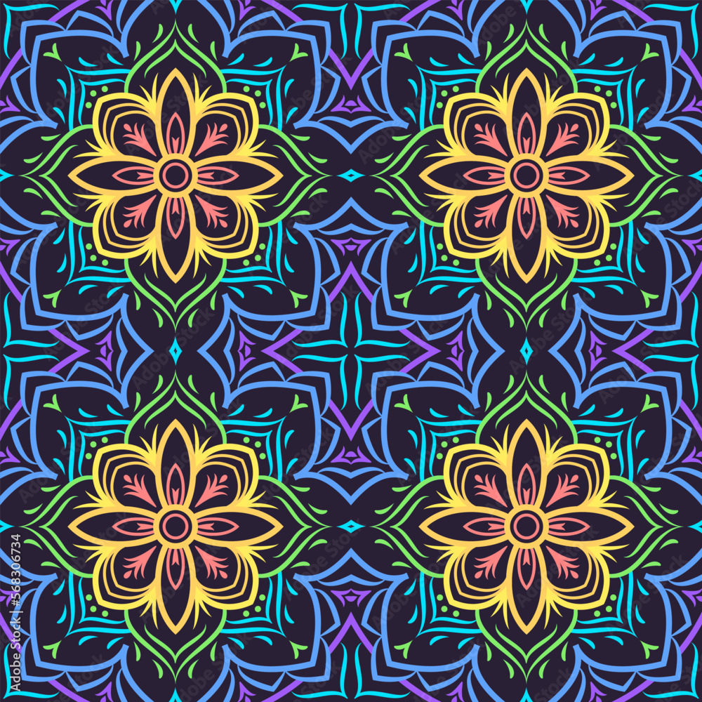 Seamless symmetrical pattern with mandala, rainbow lines on a dark background. Vector illustration.