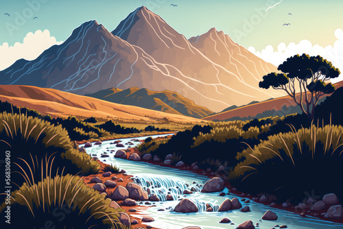 Piped water running against a hazy mountain backdrop. filming took place at the Hottentots Holland Mountains nature reserve, close to Somerset West in Cape Town, Western Cape, South Africa. Generative photo
