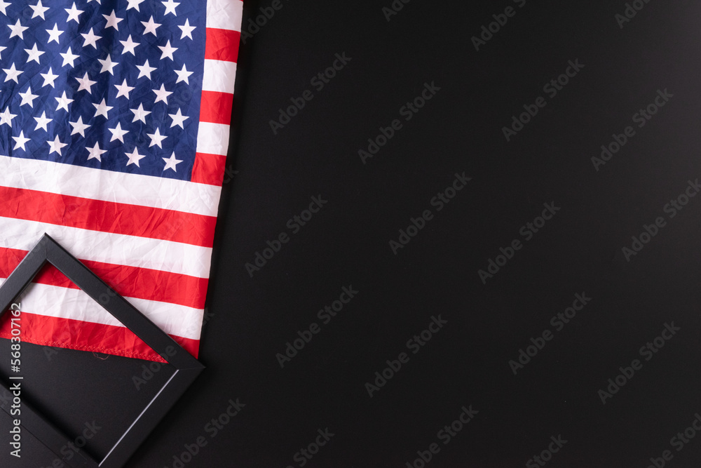 Fototapeta premium Happy presidents day concept with flag of the United States on dark background for top view concept
