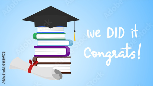 Graduation Class of 2023 with graduation cap rests on the book for graduation design , Congratulations Graduates Class 2023. Template for graduation design ,Vector illustration EPS 10