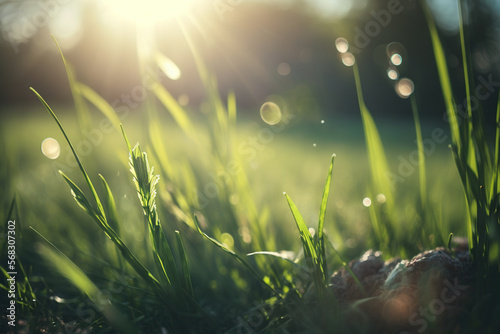 Spring juicy grass with blurry selective focus. The sun shines through the young green grass in spring in nature outdoors, macro - Generative AI