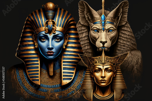 On a dark background, there are four sphinx and the Egyptian queen. Generative AI