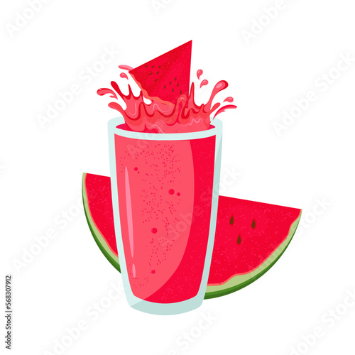 Watermelon juice in a glass. Pieces of watermelon, splashes and drops. Vector in the flat style.
