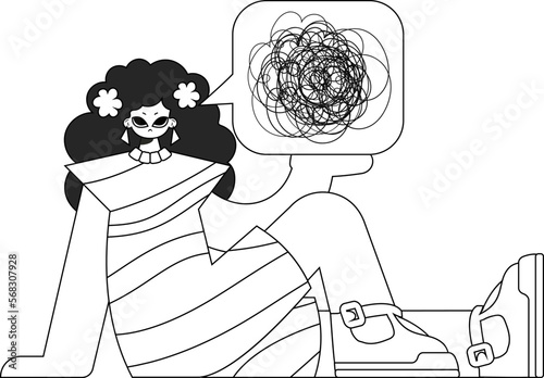 Worried woman demonstrates confused thoughts. Theme of psychology. Linear black and white style.