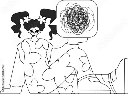 Worried woman demonstrates confused thoughts. Theme of psychology. Linear newspaper black and white style.