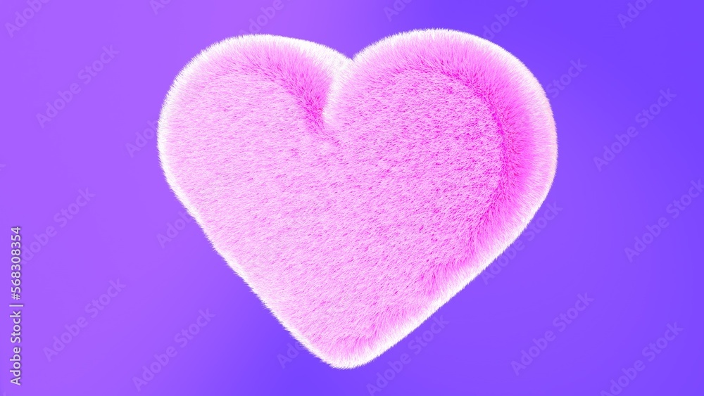 3D rendered fluffy, fuzzy heart shape against coloured background. Abstract symbolism for love, relationships, romance, cute, warmth, dating, cozy, comfortable, social media likes, and celebration.