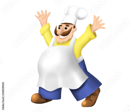 A happy cook stands with his hands up. Raster digital illustration with transparent background.