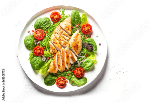 Chicken Fillet with Salad Healthy Food Keto Diet Lunch Top View on White Background  - Post-processed Generative AI