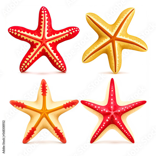 Red and Beige Starfish Collection Isolated on White