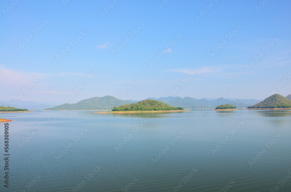 View landscape island lake river and mountain forest jungle for thai people and foreign travelers travel visit and camping rest relax at Kaeng Krachan Dam and National Park in Phetchaburi, Thailand