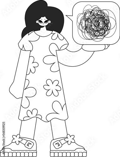 Displeased woman demonstrates confused thoughts. Theme of psychology. Newspaper black and white style.