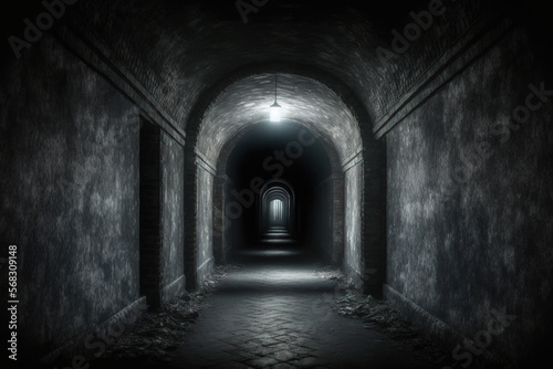 dark hallway mysterious interior of a tunnel and a dark, deserted hallway in an abandoned home. spooky hallway in the dark. Road to hell, the interior of a deserted home. An outdated, deserted structu