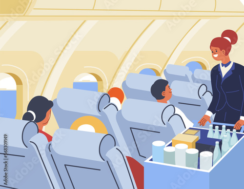 Flight assistant selling goods in plane airplane