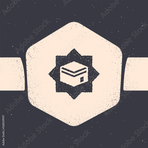 Grunge Kaaba mosque icon isolated on grey background. Kaaba hajj Mecca pray pilgrimage Ramadan Islam muslim mosque. Monochrome vintage drawing. Vector