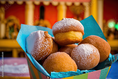 A fried doughnut known as a castagnole, favette, fritelle, or frittole is an Italian treat. Donut Holes are filled with sugar and fried in oil till golden brown. Homemade. carnival fare. Generative AI