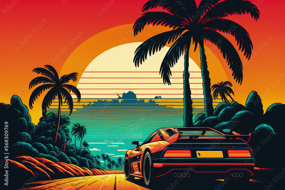 Background with Testarossa, a Palm Tree, and a Sunset from the 1980s. Generative AI