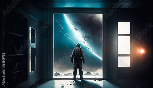 Astride the Cosmos A Man in a Spacesuit Standing in Front of a Spaceship Window