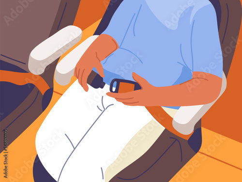 Passenger in airplane fastening seat belt vector