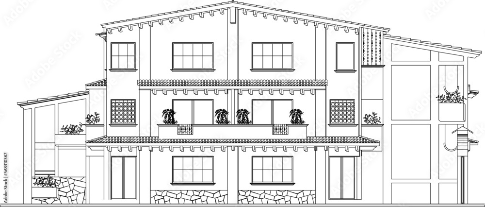 Vector sketch of exposed brick house of antiquity