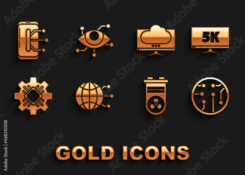Set Global technology or social network, Monitor display with 5k video, Processor, Video graphic card, Computer monitor screen, Smartphone, mobile phone and Virtual reality icon. Vector