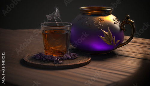 Fresh Glass of Purple Tea on a wooden table, visible tea leaves, infusion tea, dark background, focus on drink, purple leaf, brewing tea, tea saucer, kettle, teapot