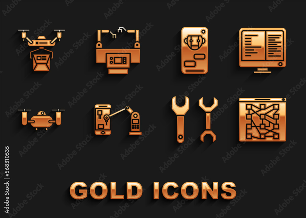 Set Industrial machine robotic robot arm hand, Computer monitor screen, Global technology social network, Spanner, Drone flying with action camera, Bot, delivery concept and Assembly line icon. Vector