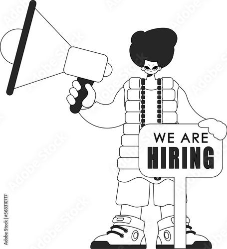 Capable HR specialist man holding a megaphone. HR topic. Linear black and white style.