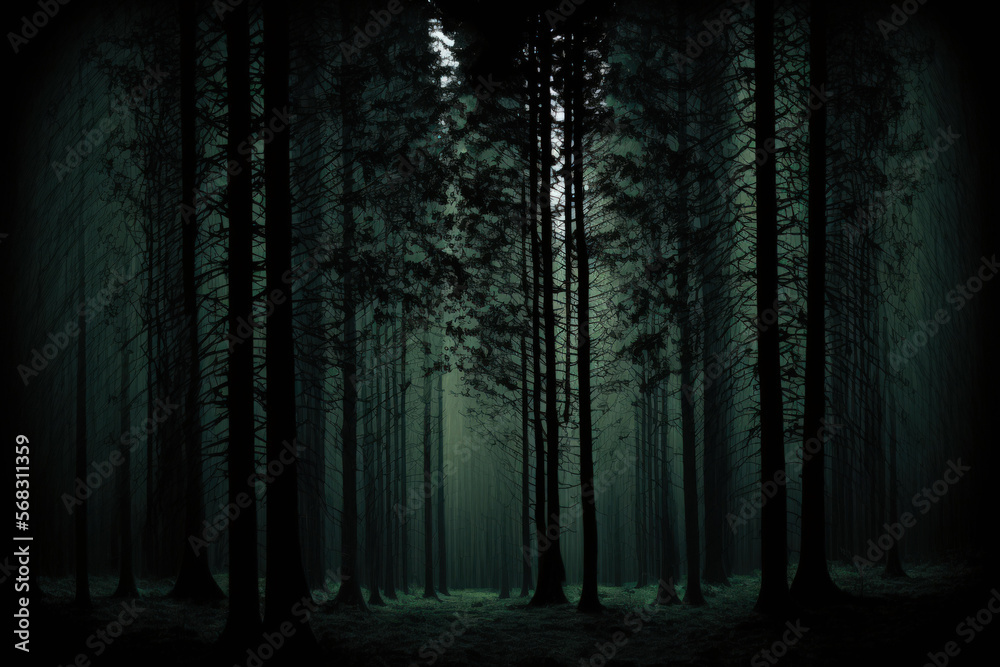 Fototapeta premium Dark, eerie grove of pine trees. Generative AI