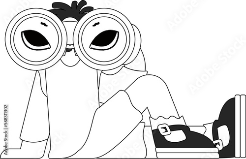 A trained HR specialist man looks through binoculars. HR topic. Linear black and white style.