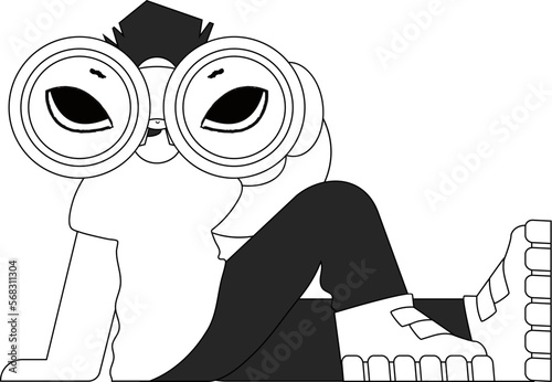 A trained HR specialist man looks through binoculars. HR topic. Newspaper black and white style.