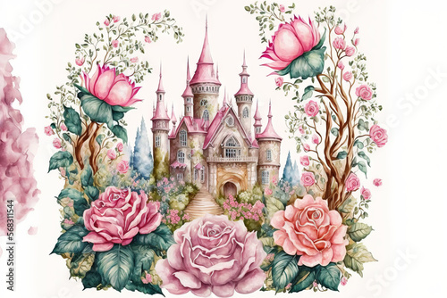 Pink roses, various flowers, leaves, and buttons decorate the pink princess palace in a watercolor fantasy. Illustration from a fairy tale isolated on a white backdrop. ideal for invitations to baby s