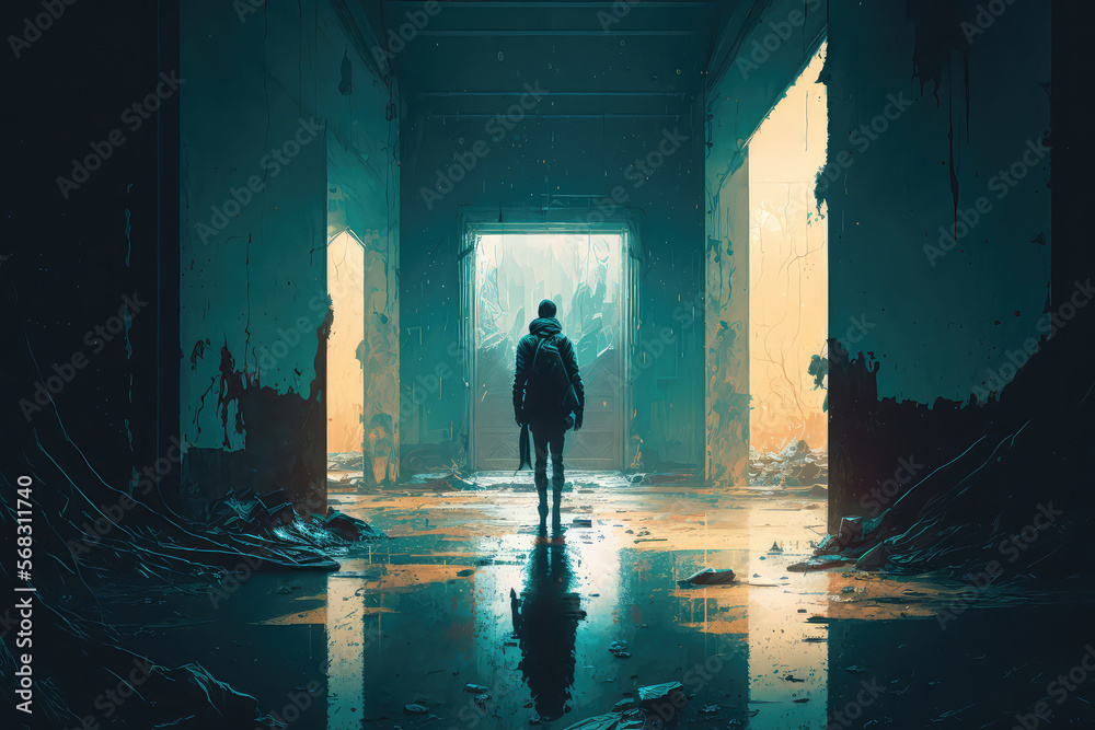  illustration painting of a man walking through a dark, waterlogged path in an abandoned building, digital art style. (ai generated)