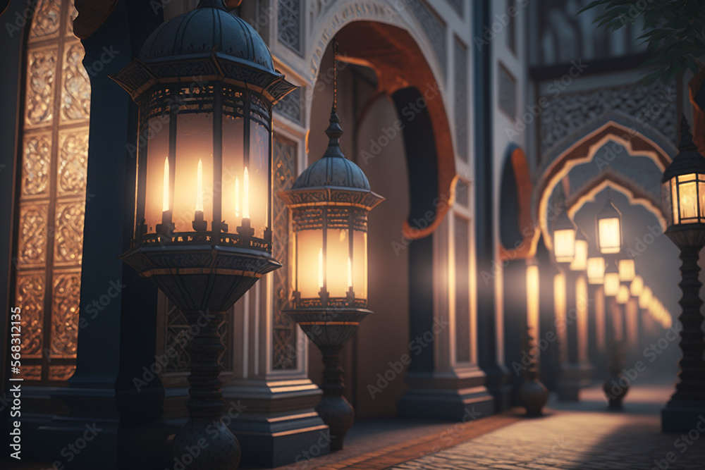 A mosque illuminated with lanterns during the evening prayers. Generative AI