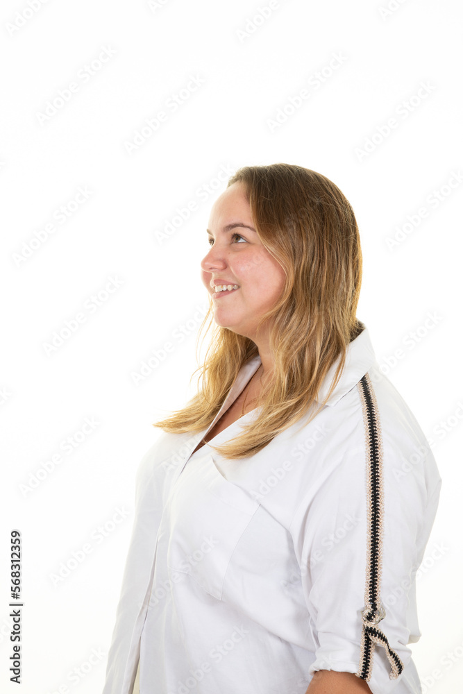 curvy attractive young blond plus size body positive woman looking side profile on white background curvy attractive young blond plus size body positive woman looking side profile on white background