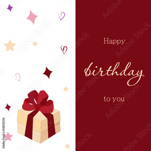 Birthday greeting card template with gift box and holiday elements drawn in doodle style 