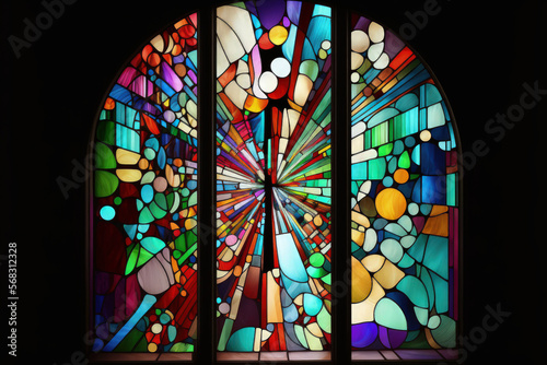 window with stained glass. Background made of abstract, multicolored stained glass. Interior design using Art Deco. vintage design. modern luxury interior. Transparency. Interior design template with