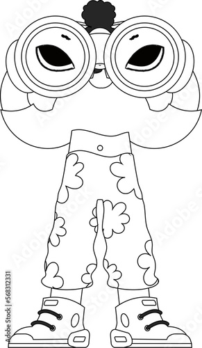 Capable HR woman looking through binoculars. HR topic. Linear black and white style.