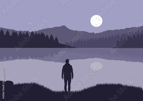 Silhouette of a man standing by the lake at night. Vector illustration © Fajarhidayah11