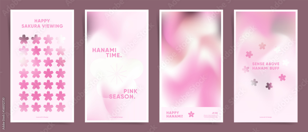 Hanami spring style story backgrounds set. Mesh and smooth, pastel and silky cute pink gradients templates for post templates, cards or poster covers, social media stories.
