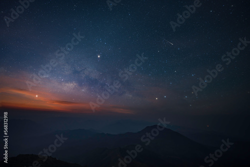 Milky way over locating on mountain view between the hiking route to Doi pui ko, Mae hong son, Thailand.