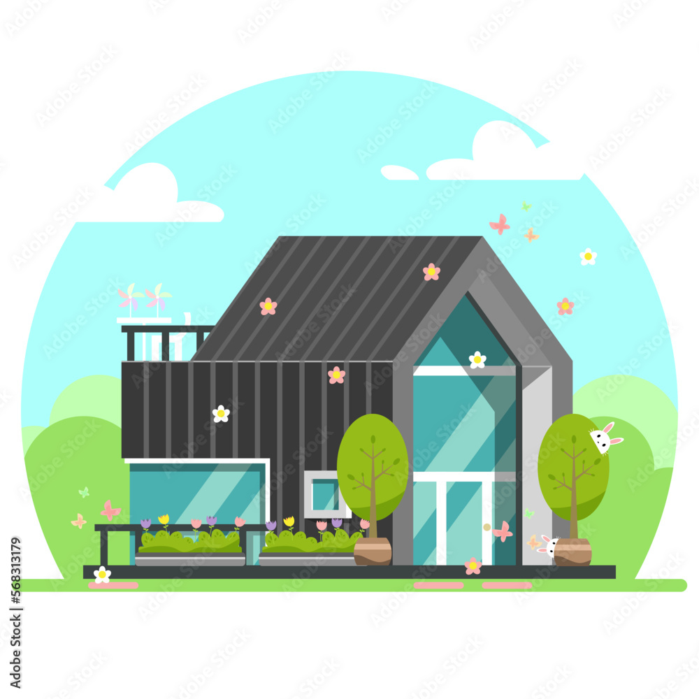 Flat design of modern black house in spring with flowers, butterflies, and rabbits