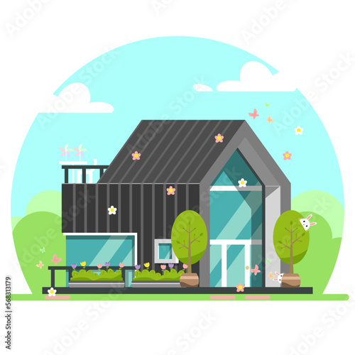 Flat design of modern black house in spring with flowers, butterflies, and rabbits
