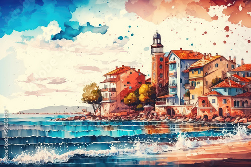 illustration painting of the town near the sea, art of water color (ai generated)