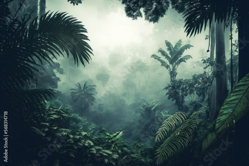 exotic forest in the fog Panorama of a jungle  a woodland oasis. gloomy  foggy wilderness. Natural woodland setting. Generative AI