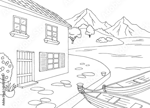 Seafront pier graphic sea bay black white landscape sketch illustration vector
